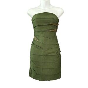 90s Y2K Jodi Kristopher Strapless Mini Bandage Dress Jrs 3 Olive Green Gold Stud